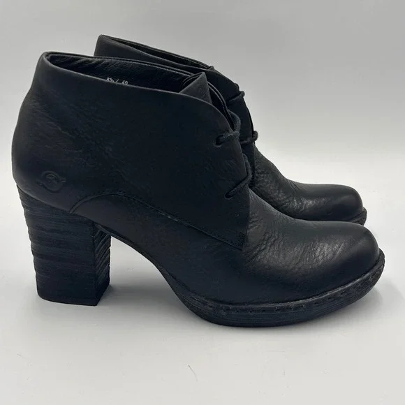 Born Black Leather Lace Up Ankle Boots Block Heel W32440 Womens 8.5 EU 40 - Picture 1 of 9